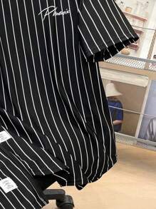 SHEIN 2 Pieces Set Of Teen Boy Striped Printed Short Sleeved T-Shirt And Shorts, With Patterns, Urban, Gothic Style Spring Clothing; Youth Boy Clothing; Teen Boy Jacket, Back To School In Spring - Black - View 7