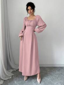 Modelyn 女士优雅长裙，方领，灯笼袖，褶皱，后系带，纯色，适合秋季长款女装