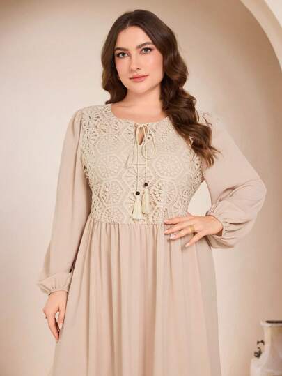 Graceveil Vestido elegante y romántico de talla grande para mujer con cuello redondo, manga larga, encaje bordado, empalmado con flecos y diseño modesto