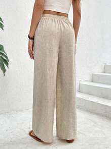 SHEIN Frenchy Quần nữ vải lanh trơn màu, ống rộng, có túi, kiểu dáng công sở, phong cách cổ điển, quần vải lanh rộng thùng thình mùa hè, quần đi biển, quần nữ đi nghỉ mát, quần nữ mùa đông, quần thường ngày mùa xuân, quần đi nghỉ dưỡng - Màu be - Xem 2