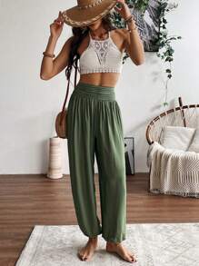 EMERY ROSE Women's High Waisted Solid Color Pants With Pleats Fall Cloth For Women - Army Green - View 6