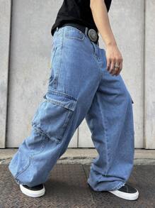 Manfinity EMRG Men's Letter & Tiger Pattern Cargo Pocket Denim Bib Overalls - Light Wash - View 3