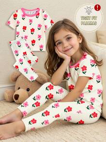 SHEIN Young Girl Floral Print Casual Minimalist Snug Fit Round Neck Short Sleeve Top And Long Pants Sleepwear, Suitable For All Seasons - Multicolor - View 1