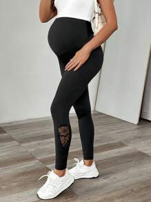 SHEIN Maternity Back Knotted Floral Embroidery Mesh Leggings - Black - View 5