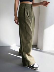 DAZY Women Loose Wide Leg Pants With Pockets, Solid Color - Army Green - View 5