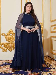 SHEIN Clasi Curved Plus Size Women's Blue Elegant Silver Sparkling Sequins Stitching Waist Tightening A-Line Slit Sleeve Dress, Women's Dark Blue Dress, Going Outfits, Women's Dress, Elegant Dress, Elegant Dress, Elegant Wedding Dresses, Women's Spring Summer Dresses, Holiday Outfits - Navy Blue - View 1