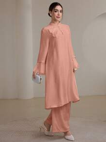 Graceveil 2pcs/Set Women Elegant Stand Collar Ruffle Cuff Long Sleeve Set Modest Fall Cloth For Women - Pink - View 6