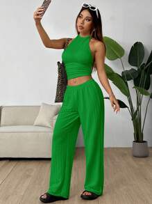 SHEIN EZwear Conjunto deportivo informal de punto verde para mujer - Verde - Ver 6