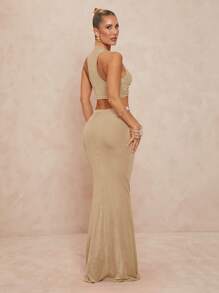 Lumalex 2 件套女士 U 领扭带低腰褶皱喇叭上衣和短裤套装 - 卡其色 - 查看 2