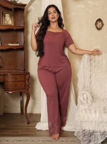 Côtesoire Conjunto de pijama de talla grande con parches de encaje y estilo minimalista