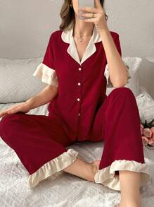 Contrast Color Ruffled Collar Button Front Short Sleeve Pajama Set For Women