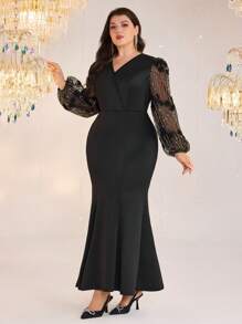 Modelyn Vestido de manga farol de cuello en V de unicolor en tallas grandes