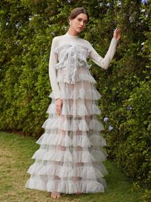 Anewsta Váy mini kẻ caro nhiều tầng bằng vải tuyn thời trang mùa xuân có họa tiết bướm, váy voan xòe nhiều lớp trong suốt cho lễ hội, đi chơi, trang phục đi nghỉ, phụ nữ - Màu be - Xem 1