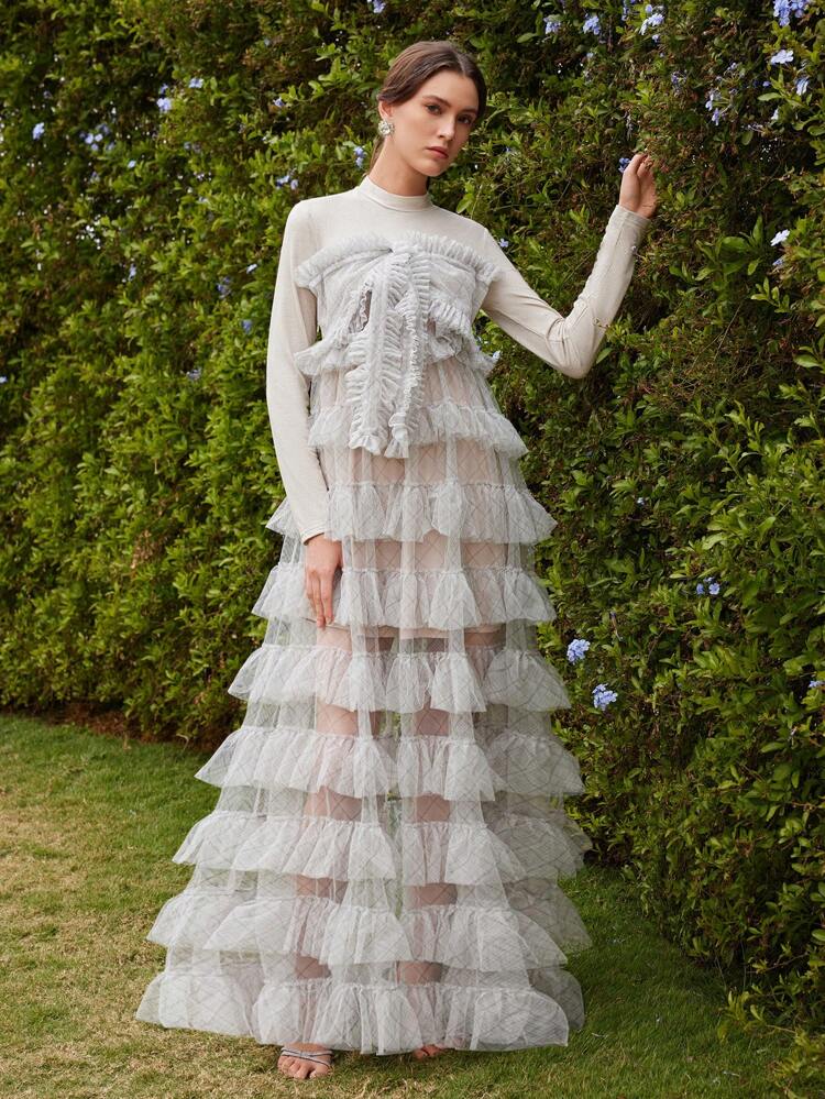 チュール プリーツ ミニワンピース 蝶デコレーション、マルチレイヤー フレアシフォン シアードレス フェスティバル、外出着、休暇の服装 レディース