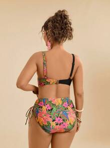 Travachic Plus Size Tropical Floral Print Asymmetric Criss-Cross Tie Front Bikini Top - Black - View 2