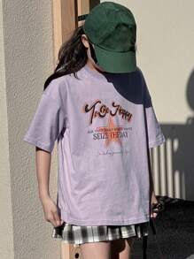 DAZY 青少年女孩口号与星星印花圆领落肩休闲 T 恤 - 紫色 - 查看 1