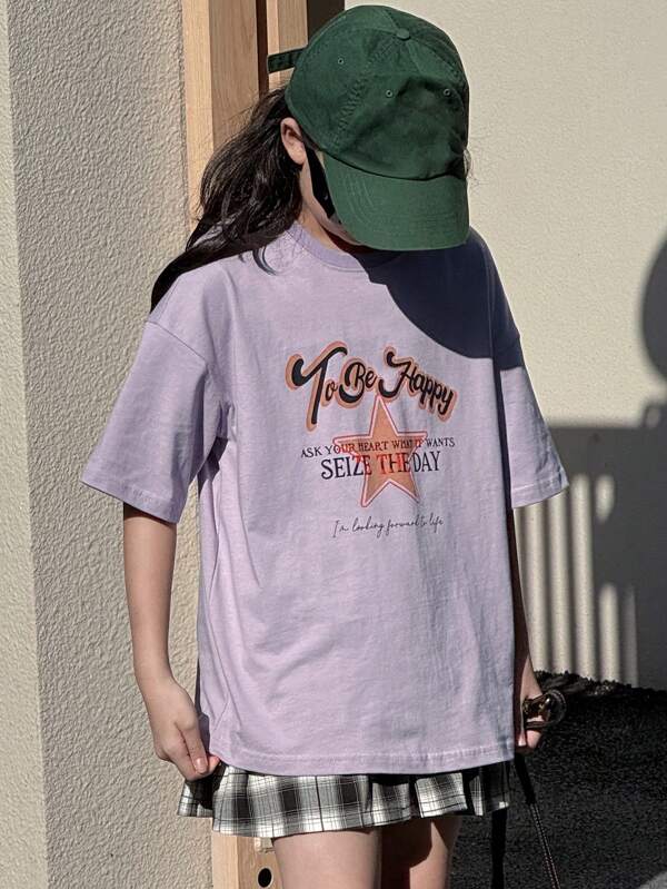 DAZY 青少年女孩口号与星星印花圆领落肩休闲 T 恤