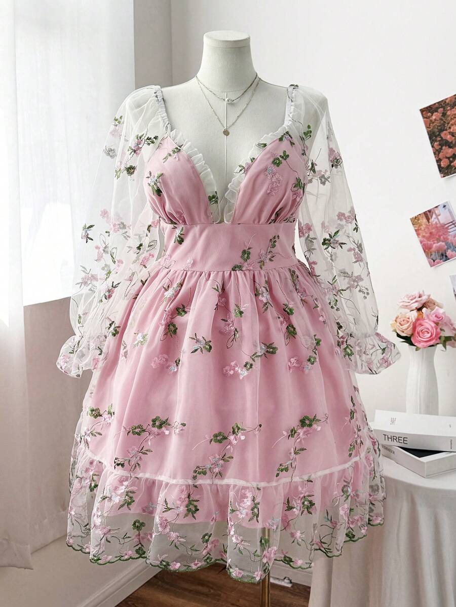 Sweetra Lace Embroidered Sweet V-Neck Cinched Waist Midi Dress - Multicolor - View 1