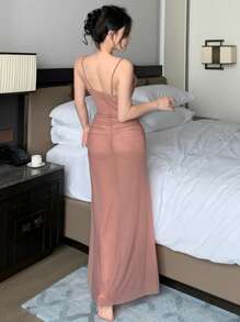 DAZY Sheer Mesh High Slit Hollow Out Ruffle Trim Lingerie Slip Dress, Sexy - Dusty Pink - View 2