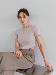 DAZY 女士纯色短款短款上衣 T 恤 夏季 - 灰色 - 查看 12