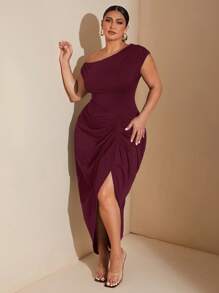 SHEIN PETITE CURVE Plus Size Women's Elegant Date Party Black Stretch Knit Comfort Gathered Details Draped Dress Asymmetric Hem Slit Midi Dress, Suitable For People Of Shorter Stature - Burgundy - View 7