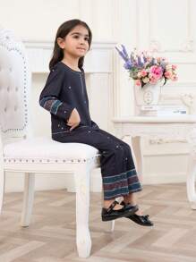 2pcs/Set Little Girls Minimalist Pattern Long Sleeve Top And Pants Set, Black Background - Black - View 8