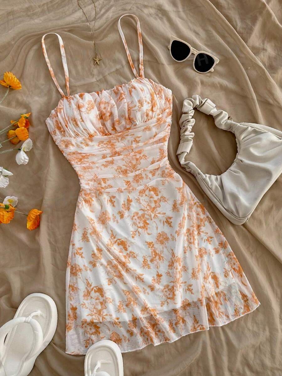 Soleia Vestido corto de verano para mujer con estampado floral y tirantes de malla para vacaciones