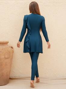 Swim Mulvari Women's Ruffled Modest Burkini Set, Solid Protective UV Resistant, For Summer Beach Vacation - Dark Green - View 2