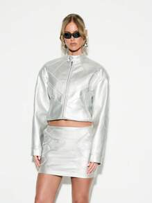 KIZN Metallic Faux Leather Mini Skirt Party Club Night Out Statement High Waist A-Line Skirt Fashion Fall Winter Holiday Festival - Silver - View 6