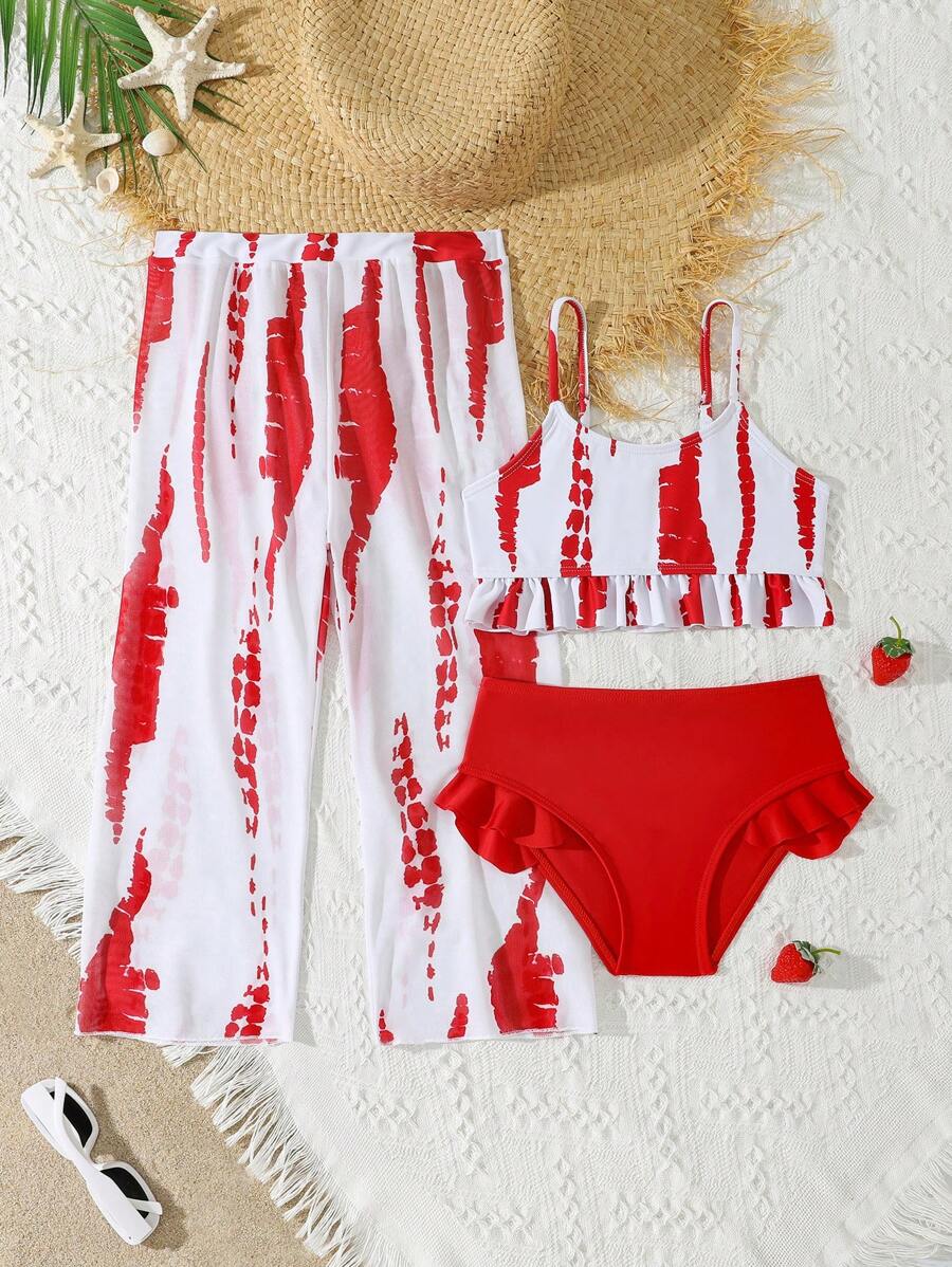 小女孩泳衣三件套，随机印花