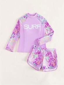 Tween Girl Tropical Print Random Mix Swimwear Set For Vacation Beach - Mauve Purple - View 5
