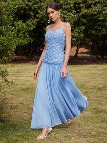 Anewsta Romantisches Urlaubs-Party-Date Damen Maxikleid aus blauem Chiffon mit geschichteter Rosenblüten-Deko und Spaghettiträgern, elegant - Blau - Übersicht 5