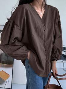 DAZY Ladies' Solid Color Simple Daily Long Sleeve Shirt,Fall Clothes - Coffee Brown - View 3