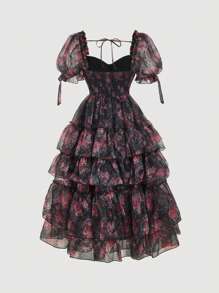 SHEIN MOD Women's Collared Gigot Sleeve Fishbone Pattern Floral Dress,Black&White,Sundresses For Vacation,Sun Dress,Birthday Dress,Vacation Dress,Beach,Tropical Dress,Dress Party,Cute Dress,Dresses For Women Summer,Brunch,Spring Break Dresses,Casual Dresses - Black - View 6