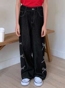 DAZY 秋冬款Tween女童蝴蝶结印花直筒简约时尚牛仔裤 - 黑色 - 查看 3