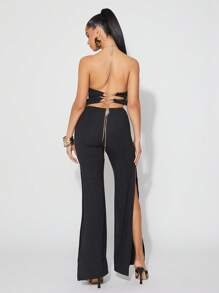 SHEIN Unity 连体裤春季链条露背领口镂空细节阔腿节日夏季连体裤夏季俱乐部度假性感坏蛋早午餐服装女士 - 綠色 - 查看 2