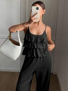 Livesso 2pcs Women Solid Color Textured Ruffled Cami & Wide Leg Pants Bohemian Holiday Vacation Suit Set, Summer - Black - View 5