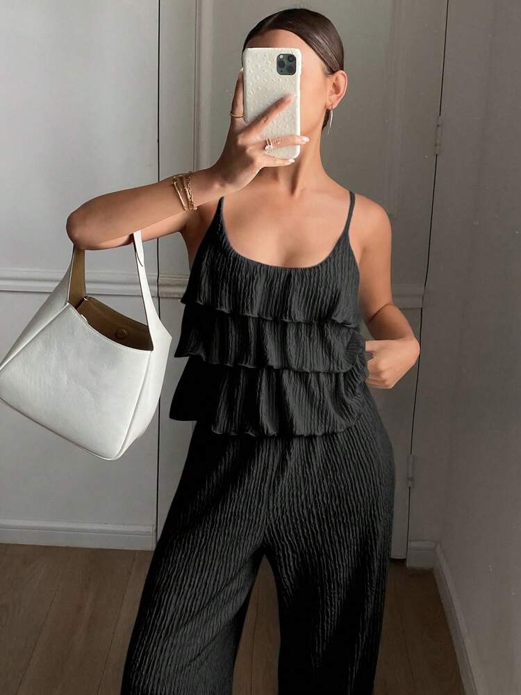 2pcs Women Solid Color Textured Ruffled Cami & Wide Leg Pants Bohemian Holiday Vacation Suit Set, Summer