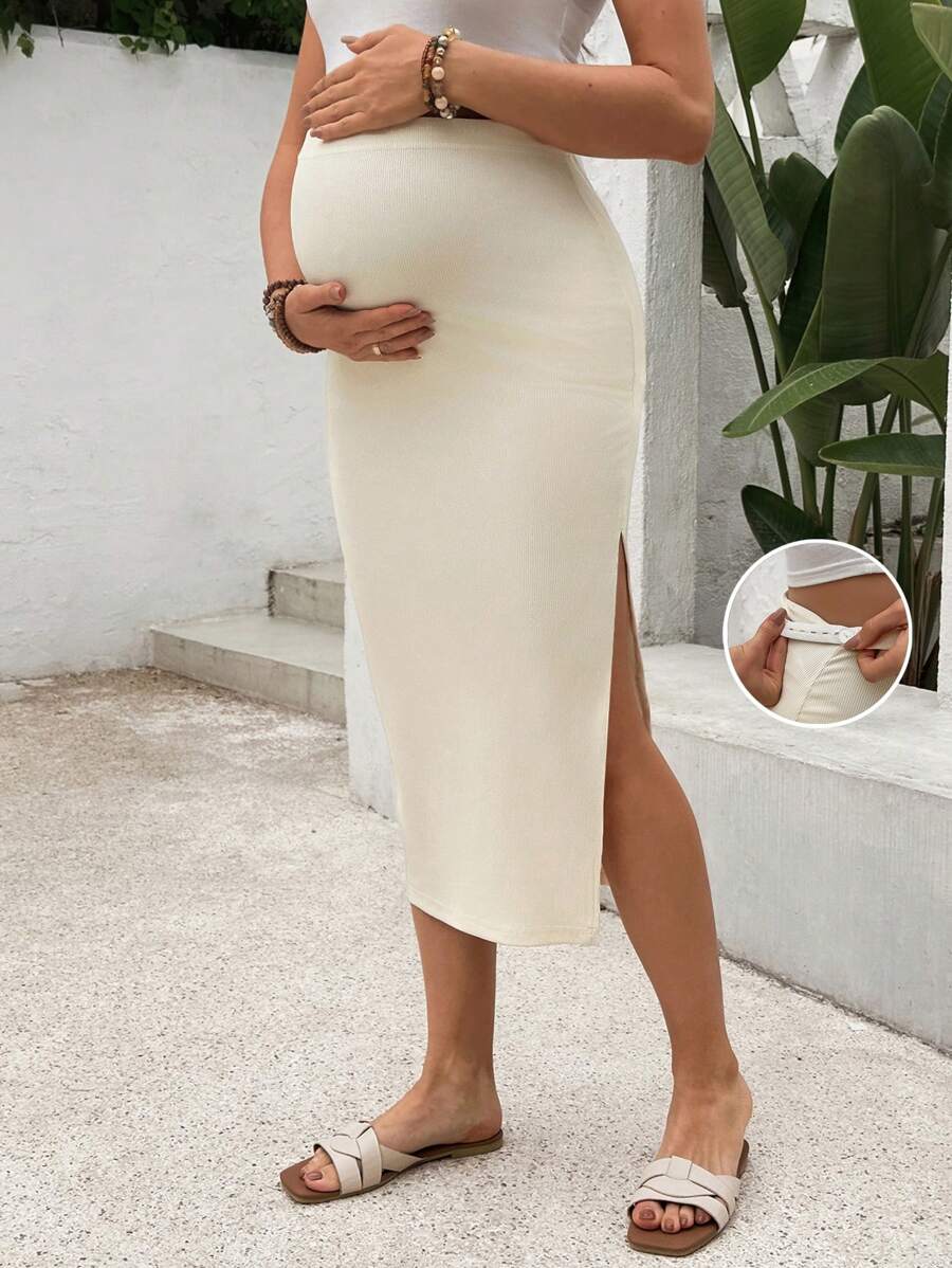 SHEIN Pregnant Women Solid Color Adjustable Waist Long Maxi Slit Skirt, Stylish