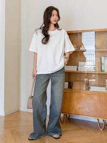 Dazy-Less Loose Simple Short Sleeve Women Solid Color Round Neck Casual T-Shirt - White - View 2