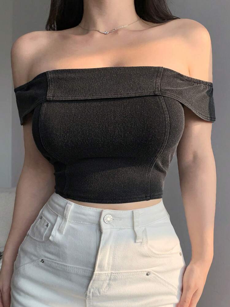 Women Off Shoulder Short Sleeve Cropped Denim Blouse