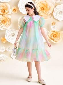 SHEIN Leap Crew 青少年女孩宽松可爱翻领渐变色欧根纱短袖 A 字形连衣裙 - 彩色 - 查看 6