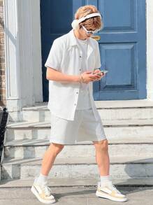 SHEIN Teen Boy Casual Beach Waves Wide-Collar Short Sleeve Shirt And Shorts Two-Piece Set - White - View 8
