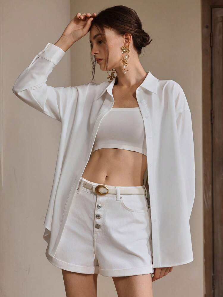 女性用カジュアルルーズホワイトキャッスル刺繍オーバーサイズ長袖カラーブラウストップ、春夏