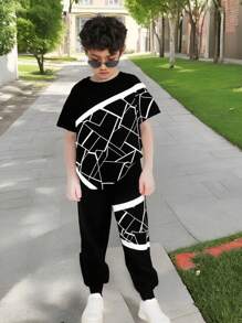 SHEIN Boys Geo Print Tee & Joggers - Black - View 1
