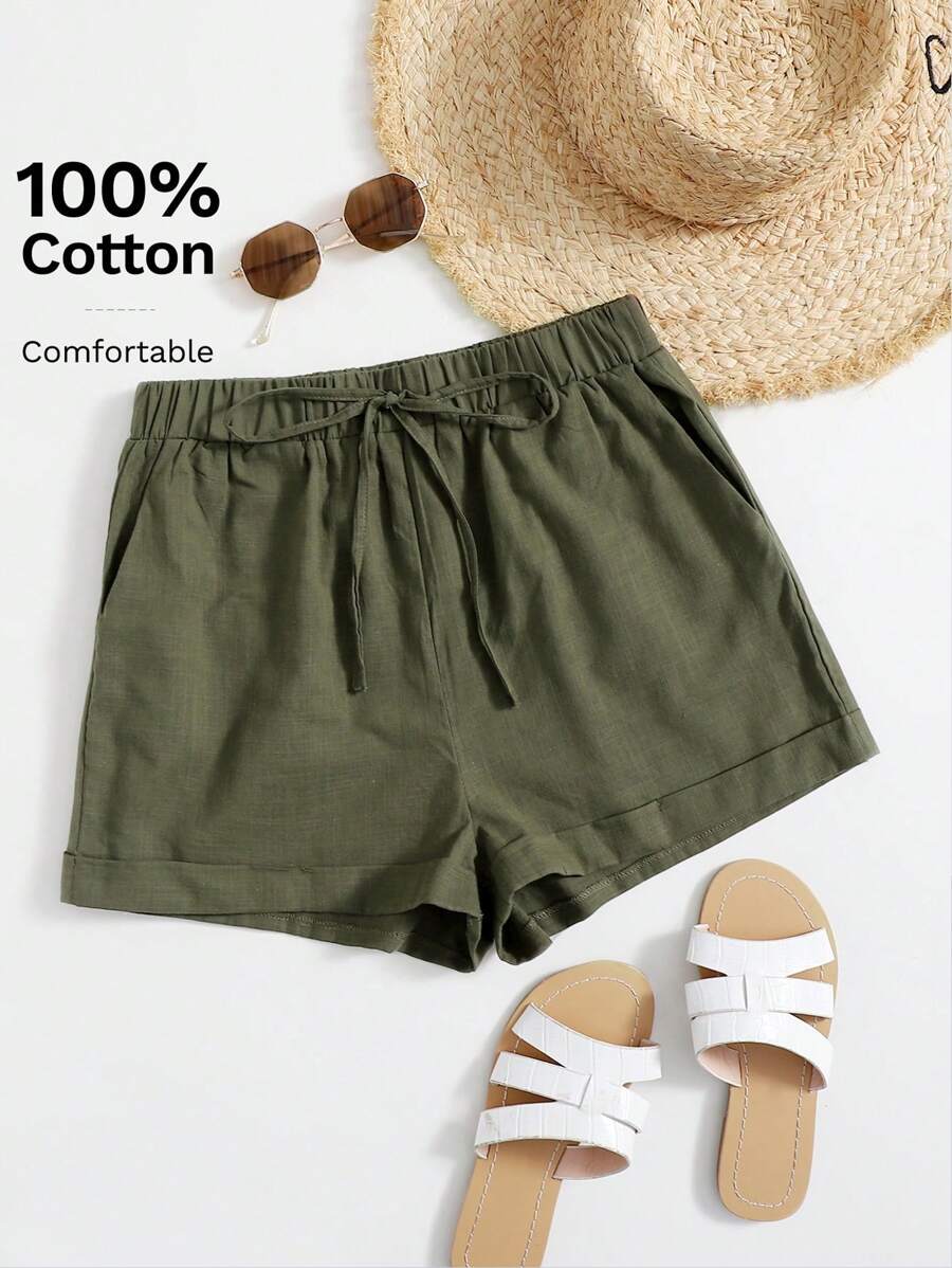 SHEIN VCAY Knot Waist Cuffed Hem Solid Shorts - Army Green - View 1