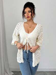 Elenzga Women's Summer Hollow Knitted Tie Front Cover Up, Casual Beach Cover Up