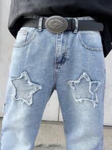 Manfinity EMRG Men's Casual Straight Leg Jeans With Pocket Star Frayed Detail - Light Wash - View 5