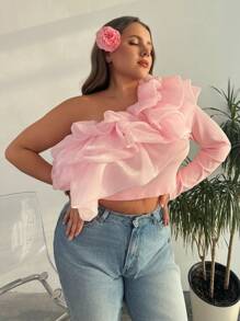 SHEIN Frenchy Blusa versátil talla grande para el trabajo, resort, té de la tarde, cita, concierto, fiesta, con estilo académico retro de moda INS para la playa, cuello de volantes voluminoso, cuello corto ajustado y asimétrico, manga larga, color rosa, adecuada para el Día de San Valentín