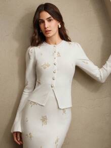 Anewsta Áo len cardigan họa tiết hoa bóng thanh lịch dành cho nữ, phù hợp cho mùa xuân, váy dự tiệc cưới, váy tốt nghiệp, kín đáo - Màu be - Xem 4